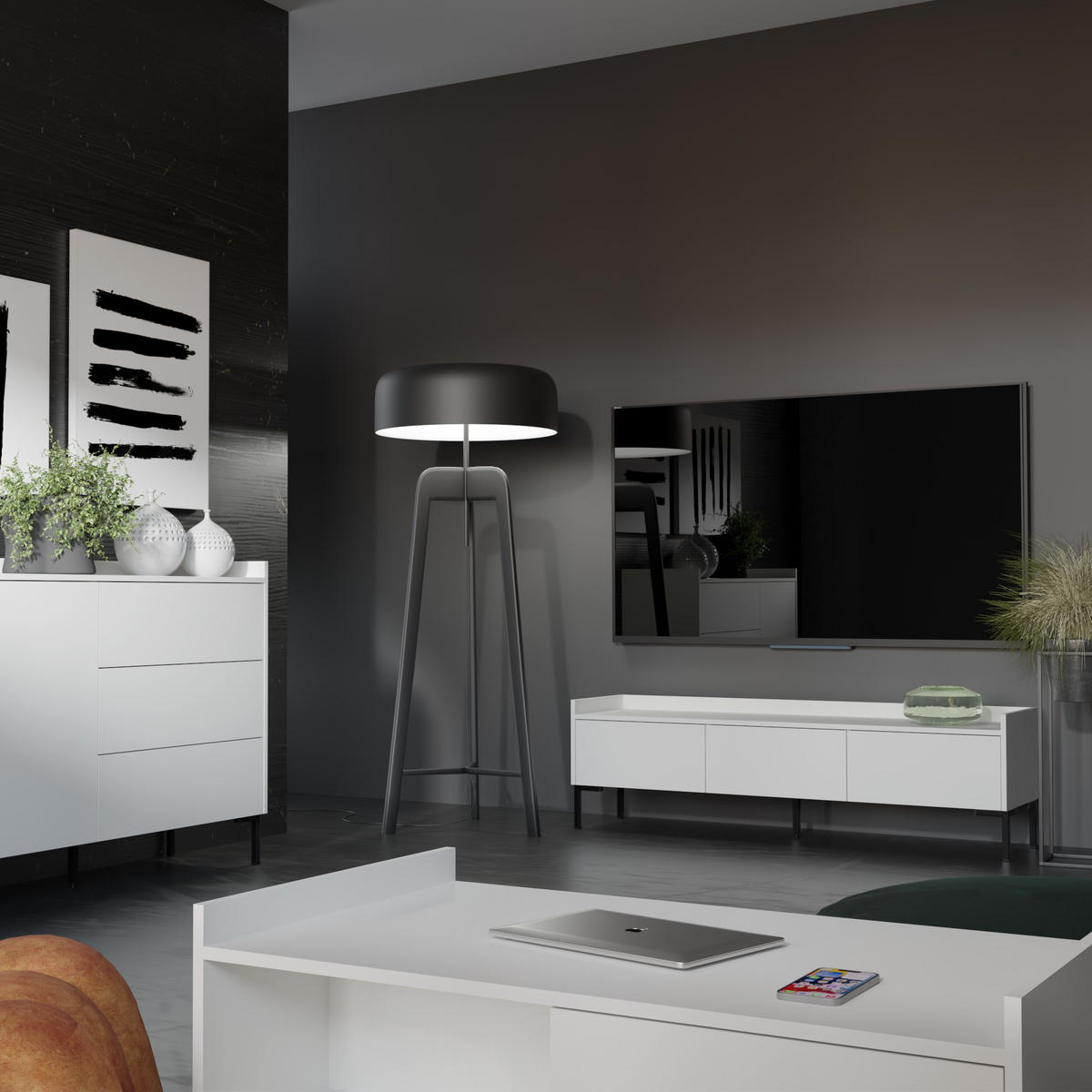 TV-LOWBOARD Liam 150 Weiß (stehend) - Schwarz/Weiß, Holzwerkstoff/Metall (150/45/41cm) - mzm24