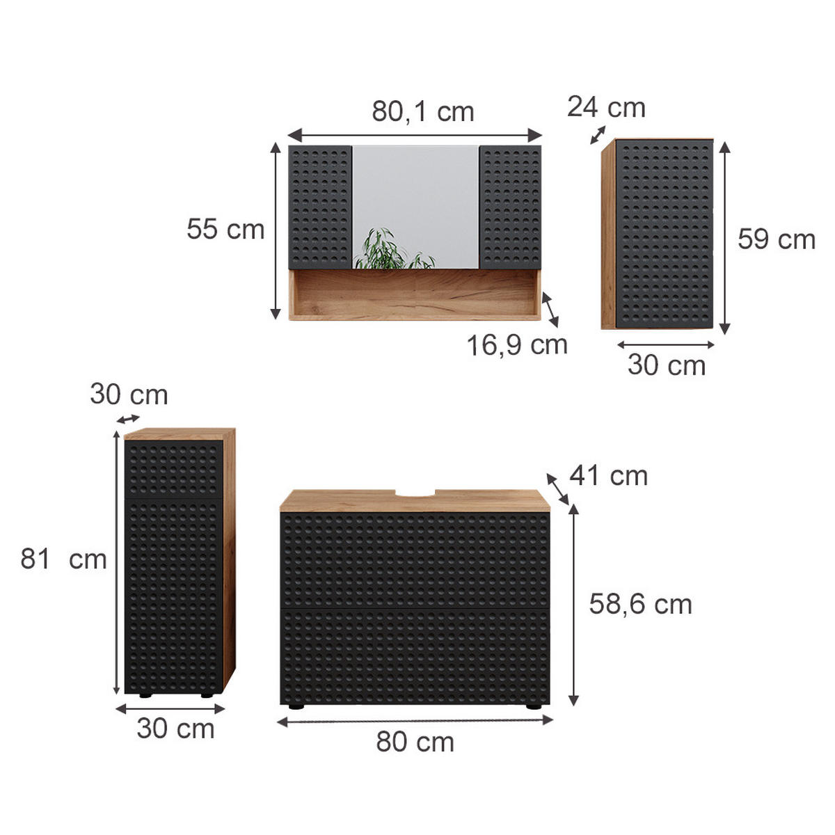 BADMÖBEL-SET Irma Anthrazit gepunktet 4 Teile - Honigeiche/Anthrazit, Holzwerkstoff (80/58.6/41cm) - Vicco