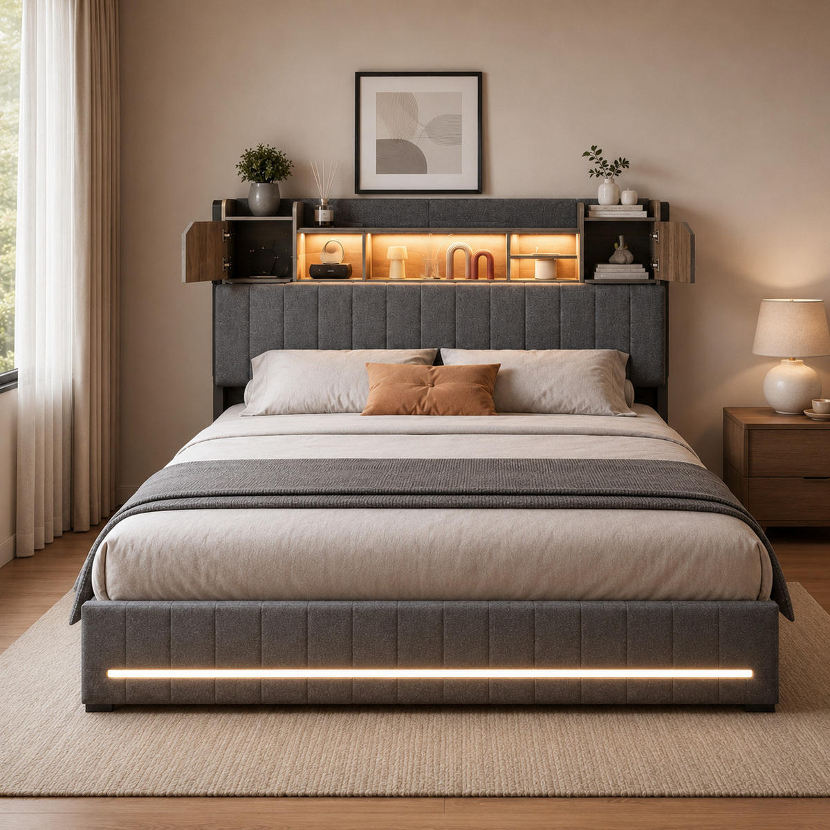 POLSTERBETT 140/200 cm mit Bücherregal-Kopfteil, USB-Anschluss, LED-Beleuchtung & Stauraum-Schubladen, Metallrahmen, Lattenrost inklusive - Anthrazit, Holz/Metall (140/200cm) - Joyfair