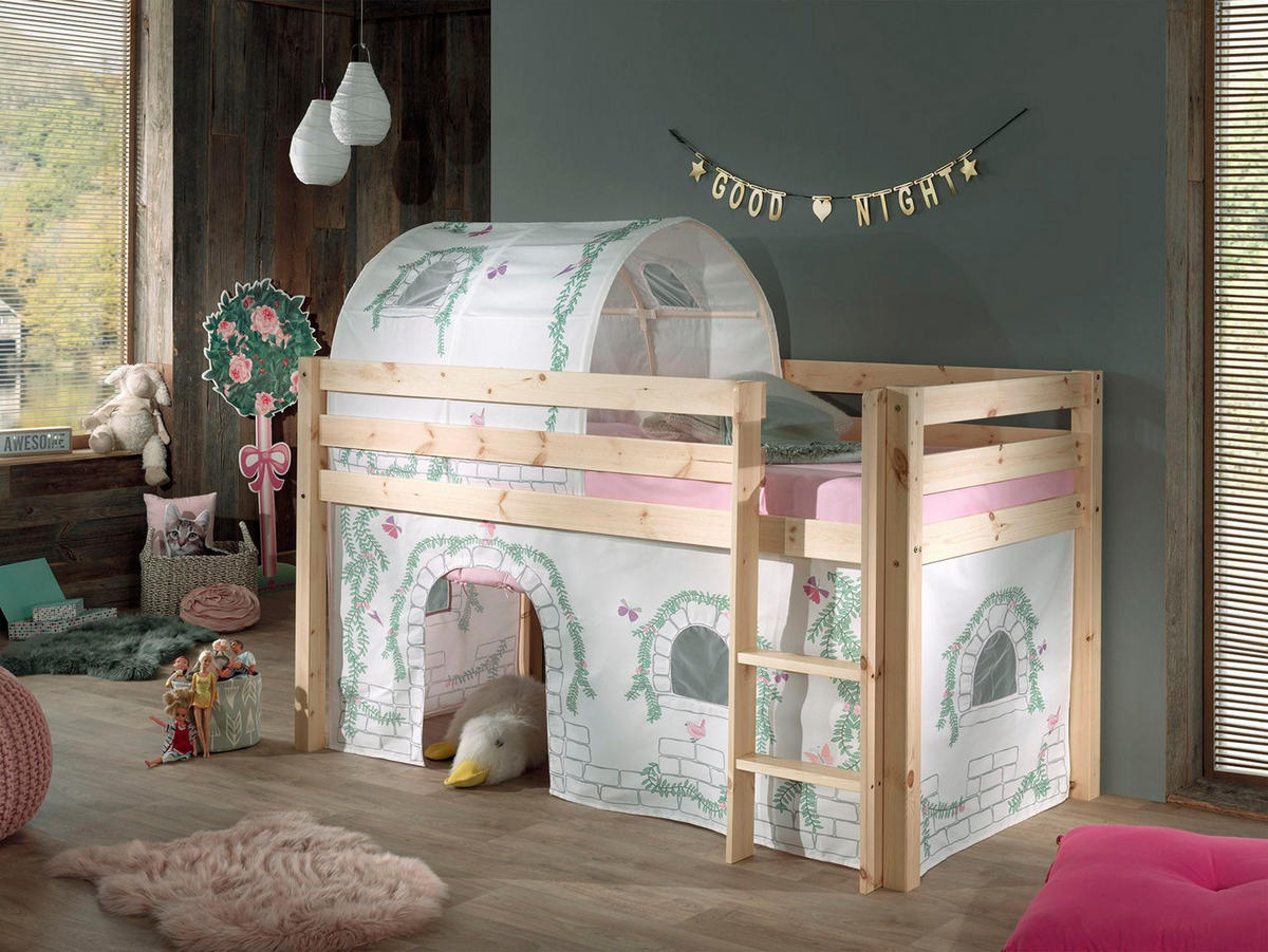 KINDERBETT Karolina 210x114x106 Massivholz Natur Textilset Burg 2 - Hellgrau/Kieferfarben, Holz (90/200cm) - 58aufmkessel