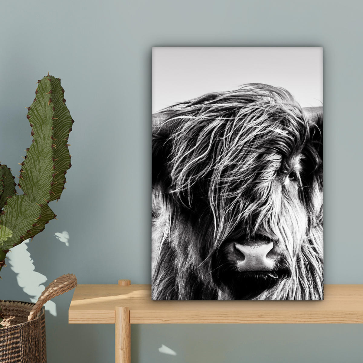 LEINWANDBILD Kuh - Schottischer Hochländer - Schwarz - Weiß - Tier - Natur - Wildtiere 20x30 cm - Schwarz, Textil (20/30cm) - MuchoWow