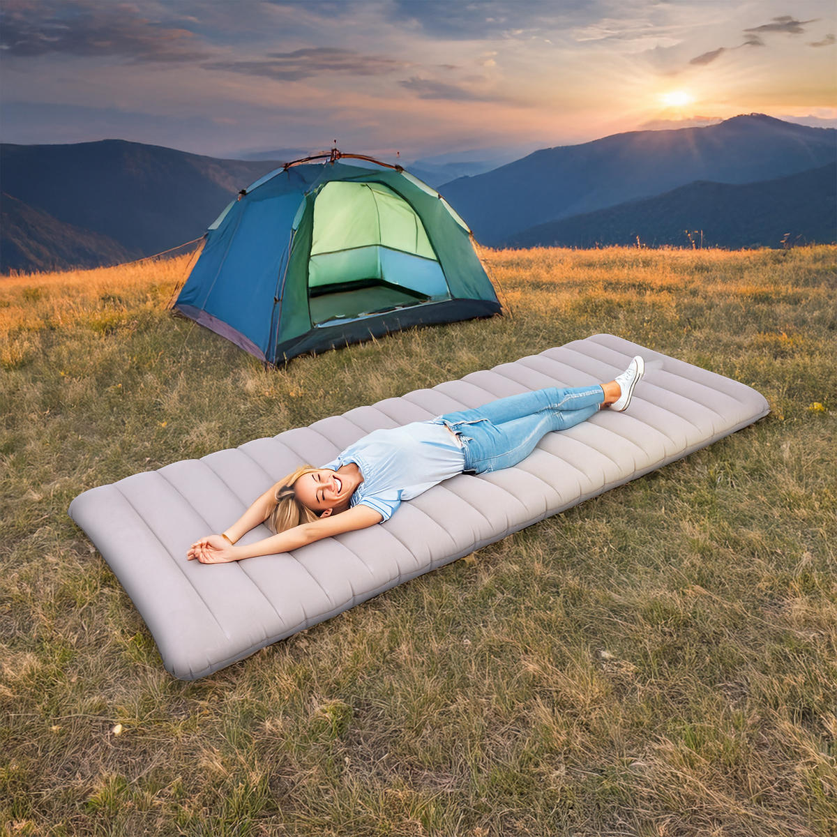 LUFTBETT Luftmatratze Camping 1 Person 183x71x12cm beige aufblasbar ohne Pumpe - Beige, Kunststoff (71/183cm) - Avenli