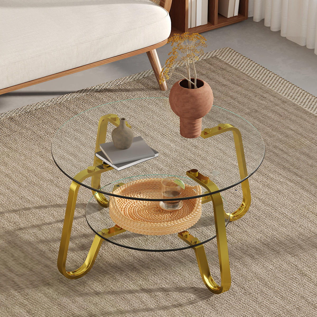 COUCHTISCH aus Metall und Sicherheitsglas in Gold mit 2 Ebenen - Goldfarben, Metall (80/80/45cm) - Modfu