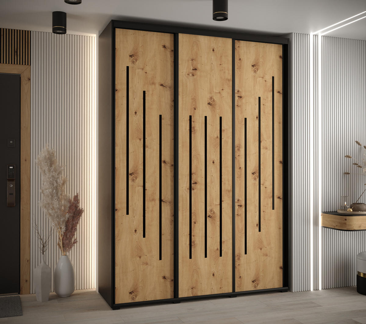 SCHWEBETÜRENSCHRANK 235,2/180/60 3-türig - Schwarz/Eiche Artisan, Holz/Metall (180/235/60cm) - Abiks Möbel