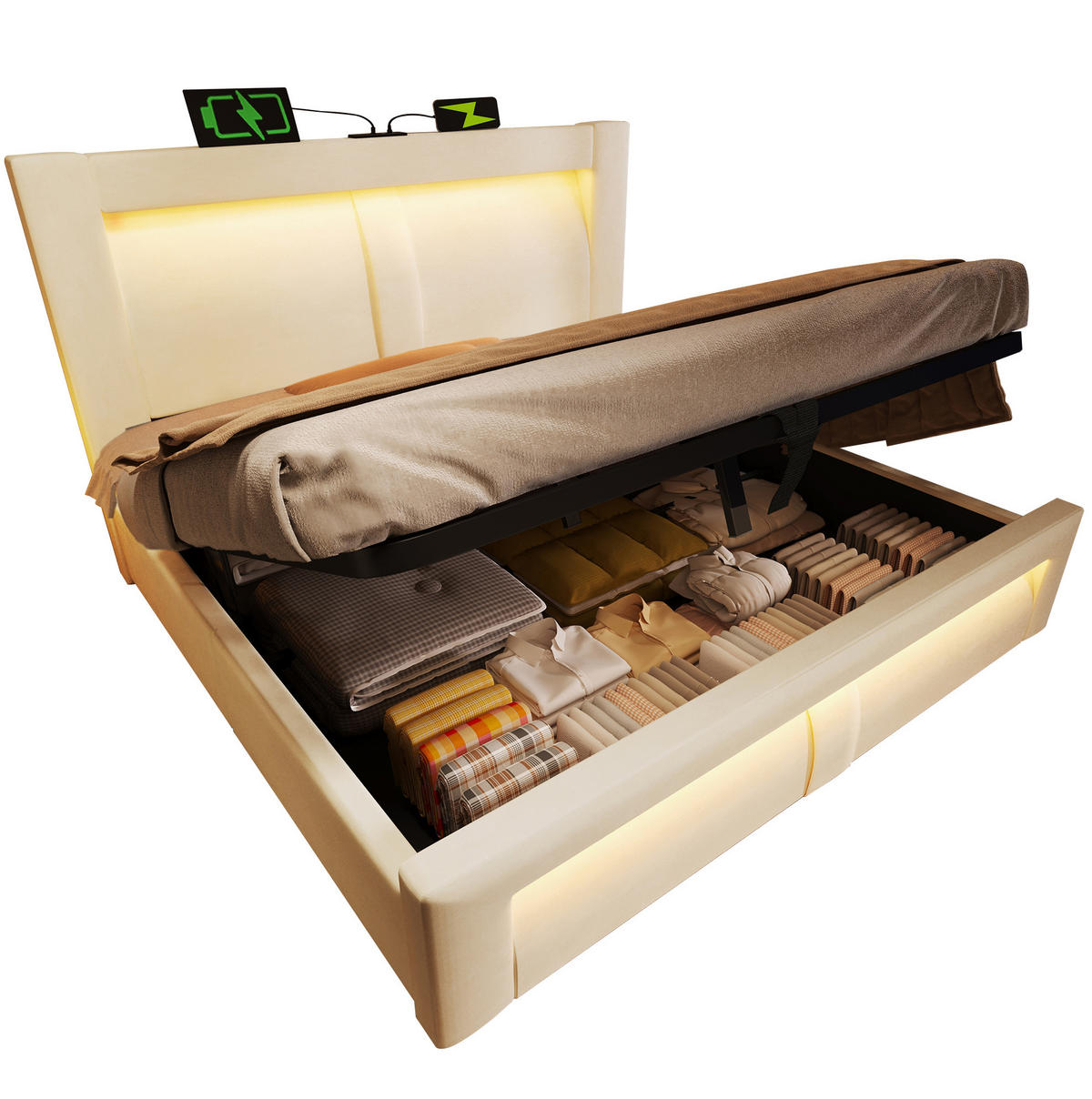 BETT mit Stauraum & LED 140x200 cm Samt Beige inkl. Matratze - Beige, Metall (140/200cm) - Meubliv