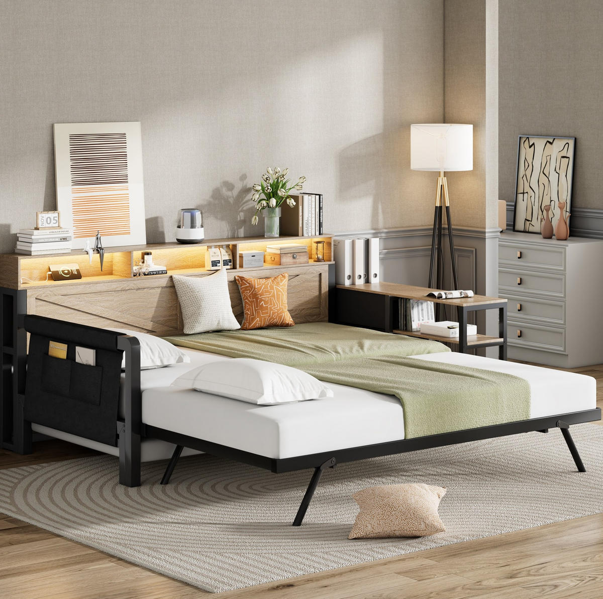 TAGESBETT 90/200 cm mit Ausziehbett, Stauraum, LED und USB, Metall/MDF, Schwarz - Schwarz, Holzwerkstoff (90/200cm) - Redom