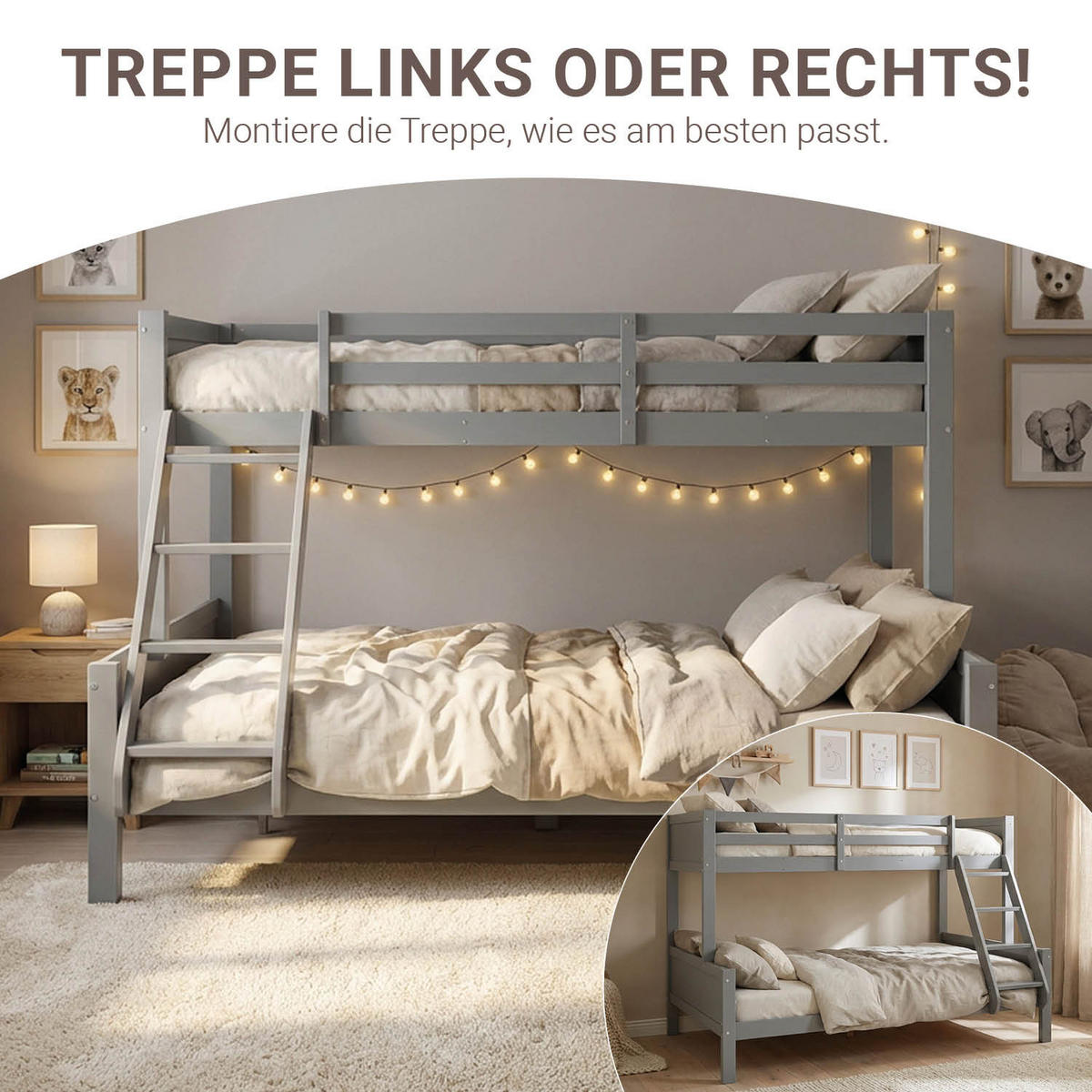 ETAGENBETT 90/200 cm und 140/200 cm mit Matratzen Grau - Grau, Holz - Homestyle4u