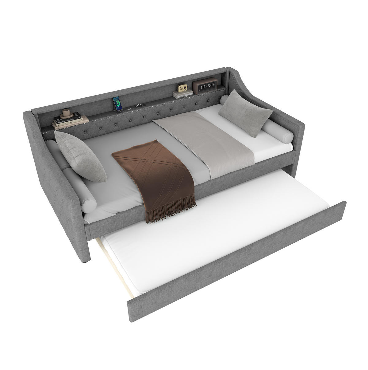 POLSTERBETT mit LED-Beleuchtung 90/200 cm mit Ausziehbett und USB - Grau, Textil (90/200cm) - BEAOK
