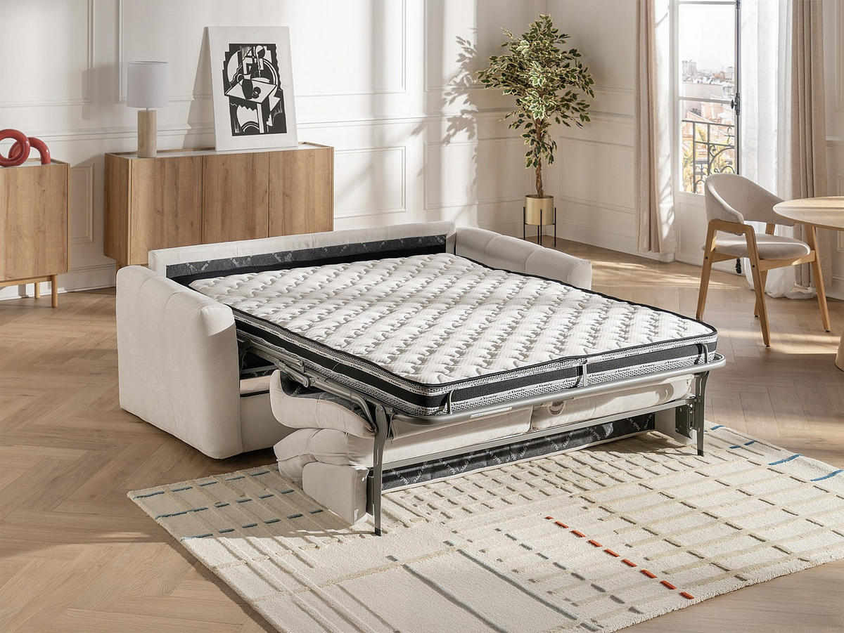 SCHLAFSOFA Express 4-Sitzer aus beigem Chenille-Stoff - Liegefläche 160 cm - Matratze 13 cm DOVENA - Beige, Textil (220/91/100cm) - Vente-Unique