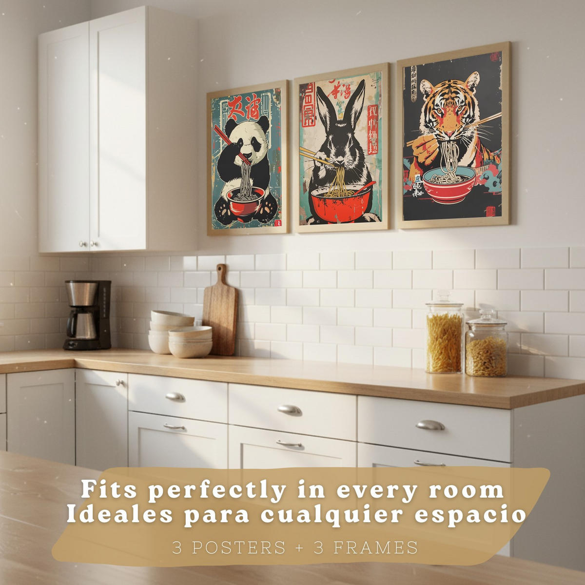 PLAKAT Sada 3 Ramen Animals A3 Lehký dřevěný rám - béžová, papír (29.7/1/42cm) - Nacnic