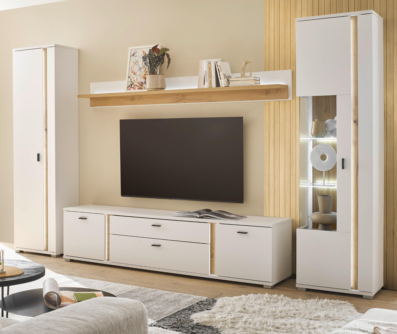 WOHNWAND weiß matt, Wotan Eiche, Wohnkombination inklusive Frontbeleuchtung 330 x 200 cm - Eiche Wotan/Weiß, Holzwerkstoff/Metall (330/200/42cm) - Furn.Design