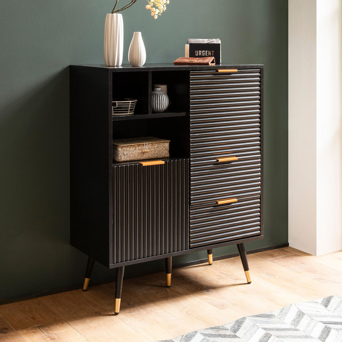 SIDEBOARD – Schwarz/Eiche-Dekor, 77x97x40 cm, mit Türen, Schubladen, Regal, Metallbeine - Goldfarben/Schwarz, Holzwerkstoff/Metall (77/97/40cm) - KADIMA DESIGN