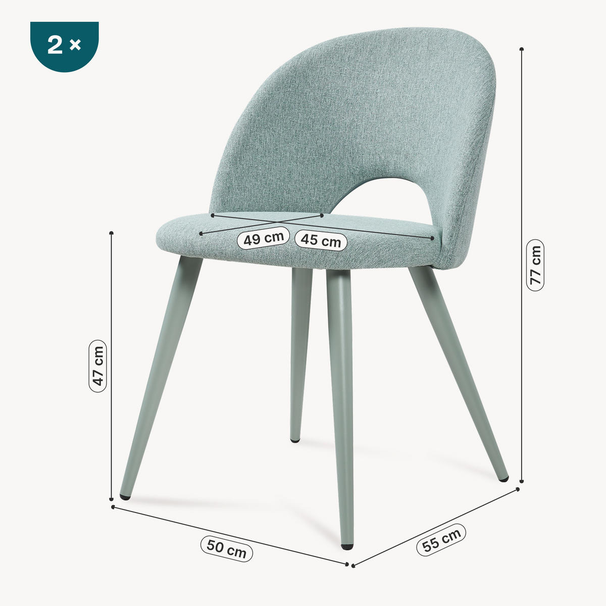 SADA JÍDELNÍCH ŽIDLÍ, 2 KS Karijoki - světle zelená/zelená barva, kov/textil (50/77/55cm) - [en.casa]