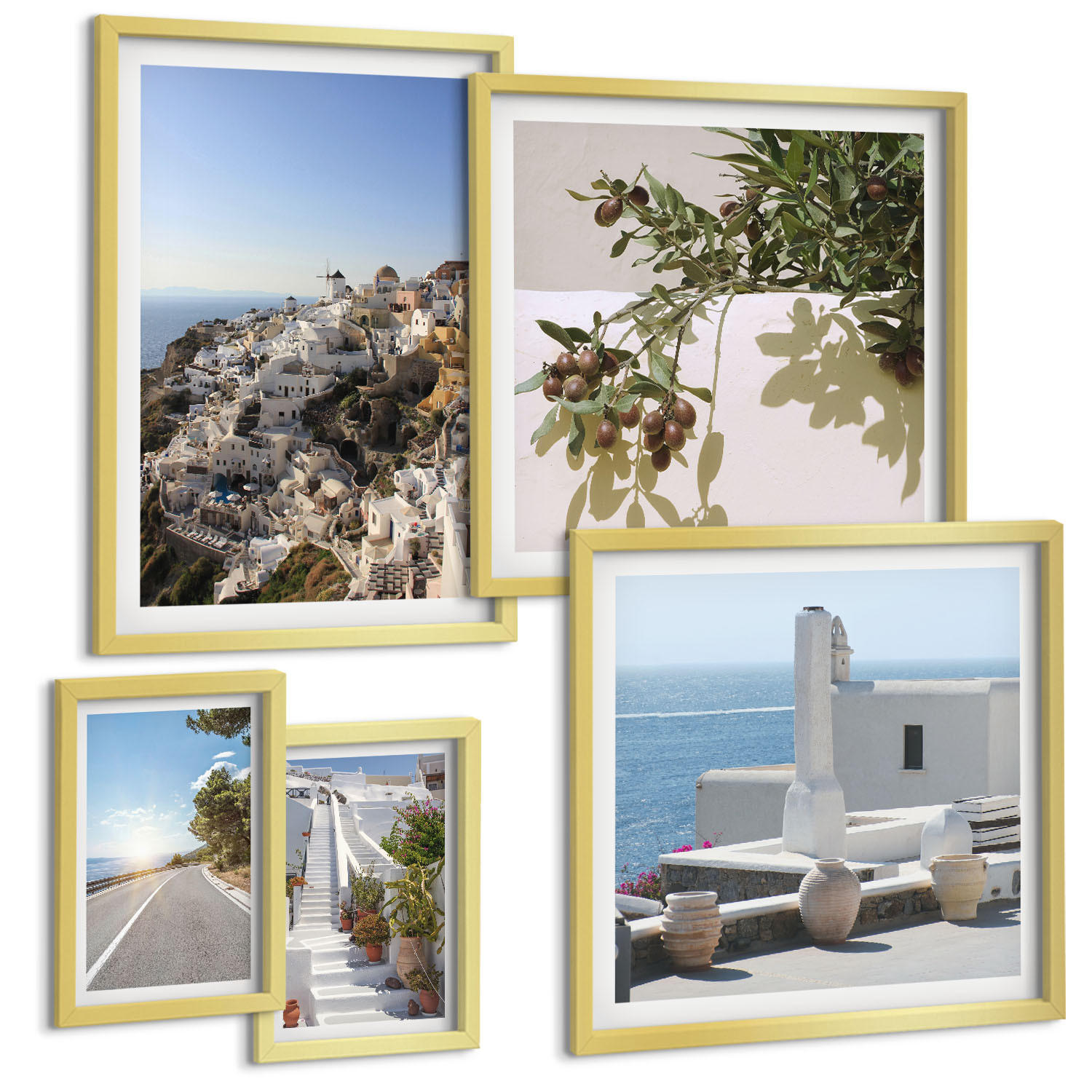 BILDER SET 5er Set - 50x50 cm & 20x30 cm & 40x60 cm Goldrahmen - Weiße Treppe mit Blick auf Santorini - Goldfarben, Kunststoff (40/60cm) - TULUP