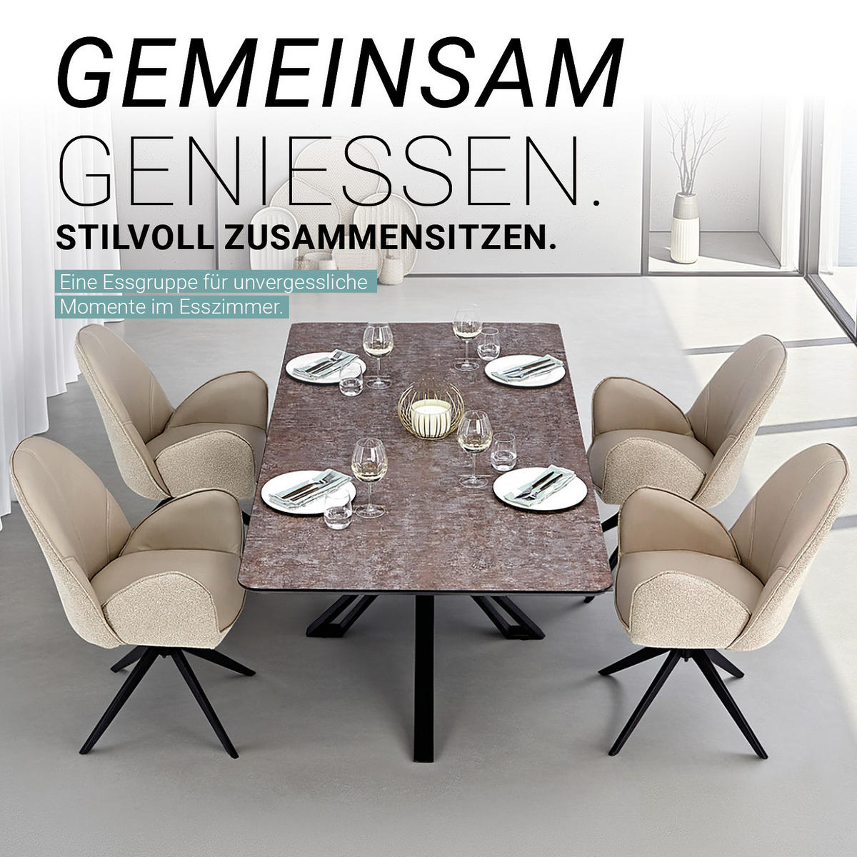 TISCHGRUPPE 200x100 cm schwarz mit 4 Stühle Beige - Beige, Metall (100/90/200cm) - Homestyle4u