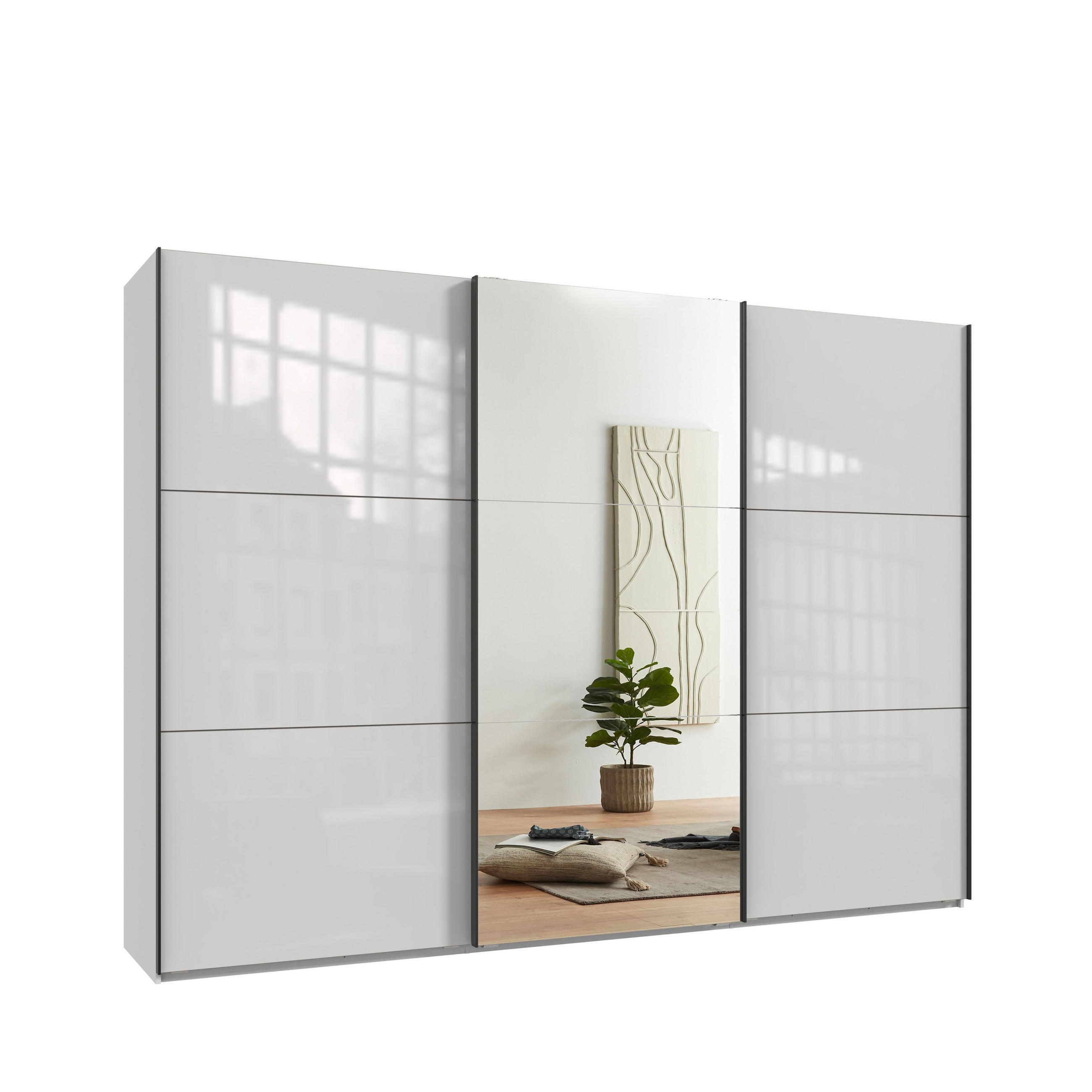 SKŘÍŇ S POSUVNÝMI DVEŘMI, 3dveřová, 300 × 216 × 65 cm (Š×V×H), bílá barva se skleněnými čely, jedny zrcadlové dveře / 22039 - bílá/barva dubu, kov/kompozitní dřevo (300/216/65cm) - luma-home