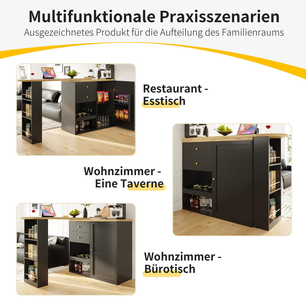 KÜCHENINSEL Schwarz mit drehbaren Regalen & 4 Schubladen (MDF) - Schwarz, Holzwerkstoff (105/102/39cm) - Modfu