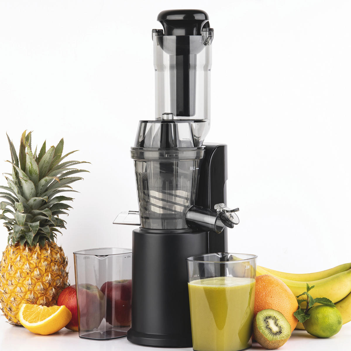 ENTSAFTER GSX16 Silber, Compact'One Entsafter Slow Juicer, Saft- und Tresterbehälter - Schwarz, Metall (18.5/49.8/20.4cm) - HKoenig