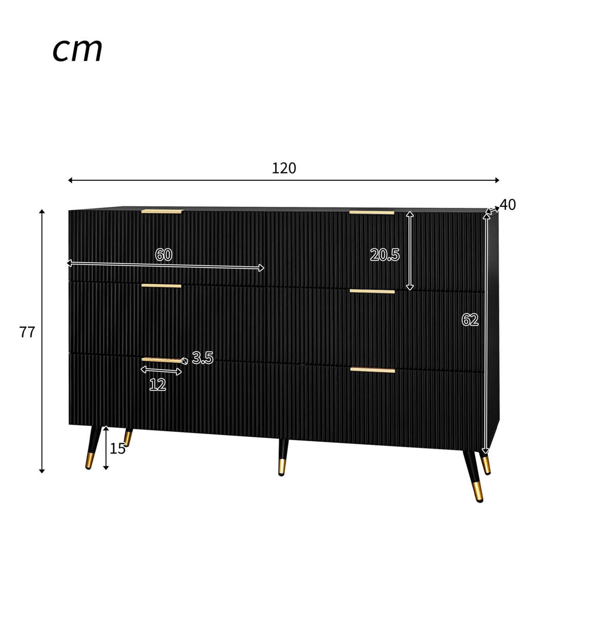 KOMODA, 120/77/40 cm, dřevotříska černá/zlatá, se 6 zásuvkami - černá, kompozitní dřevo (120/40/77cm) - BEAOK