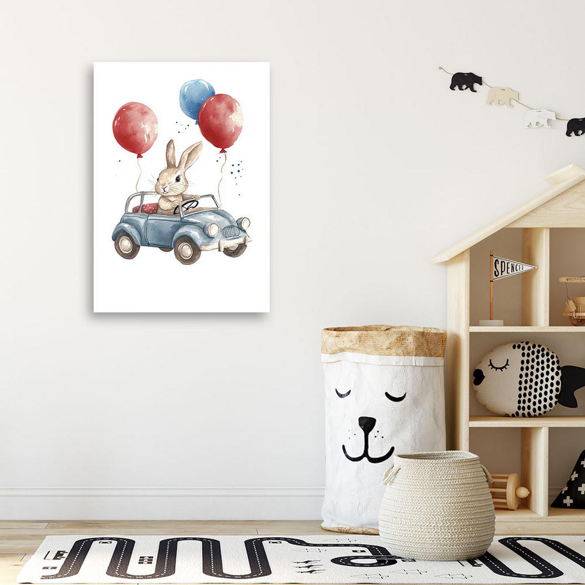 WANDBILD für Kinderzimmer Hasen Autoballons 40x60cm - Multicolor, Textil (40/60cm) - Feeby