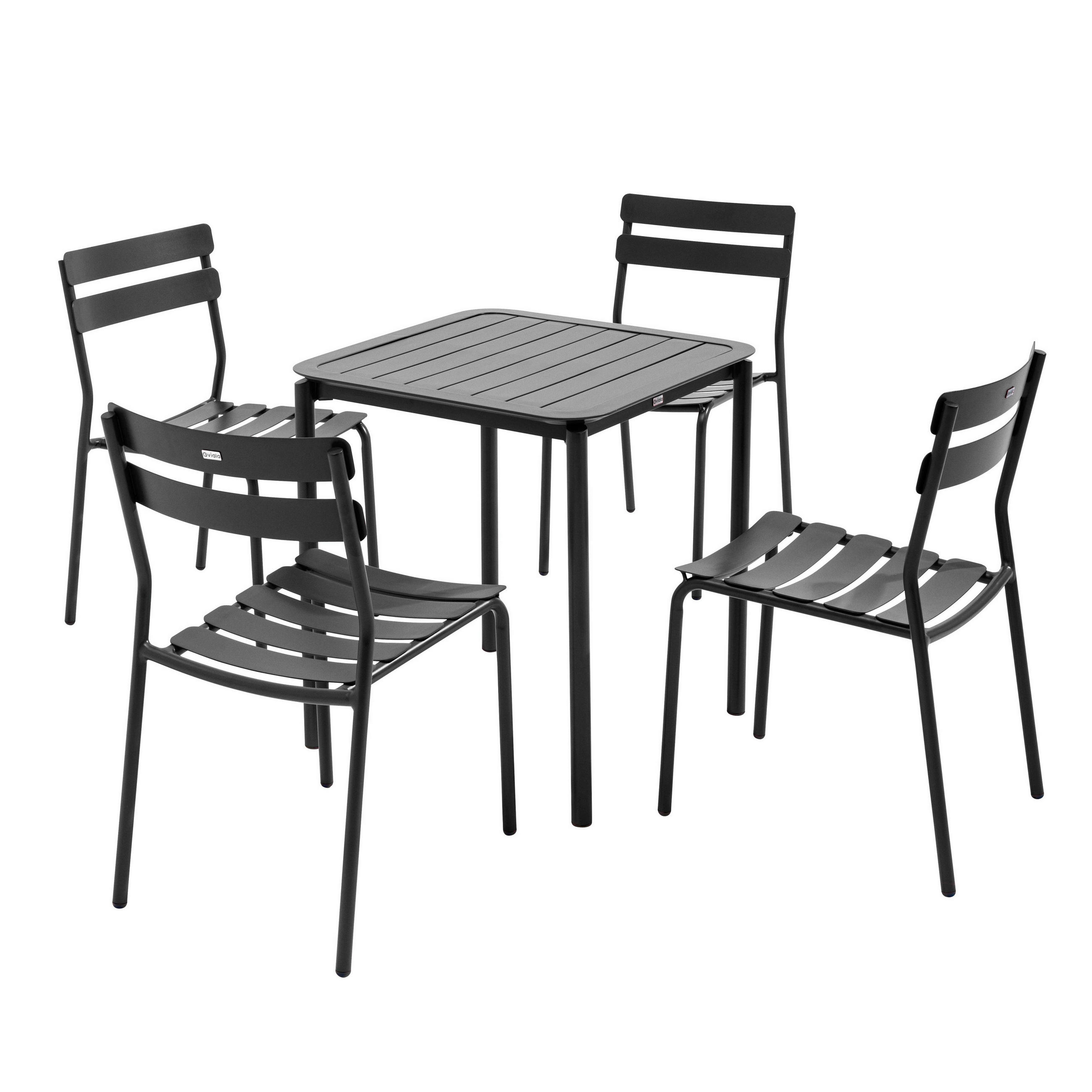 GARTENSET, quadratisch (70 x 70cm) und 4 Stühle, Schwarz - Schwarz, Metall - Oviala