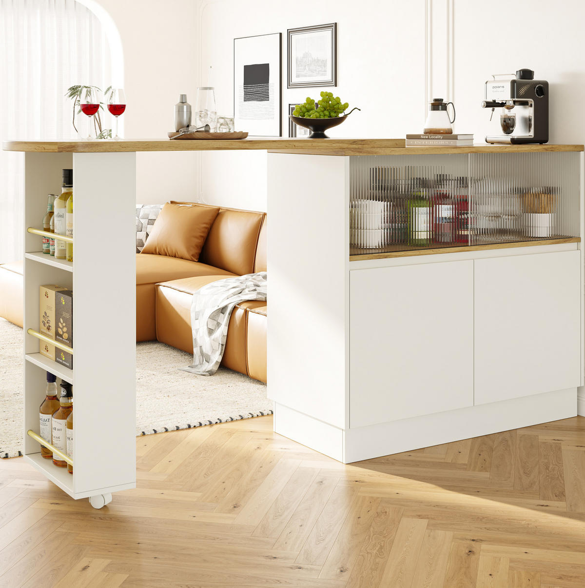 BAROVÁ skříňka 90/45/100 cm bílá z MDF s otočným designem 360° a skleněnými dveřmi - bílá, kompozitní dřevo (90/45/100cm) - OKWISH