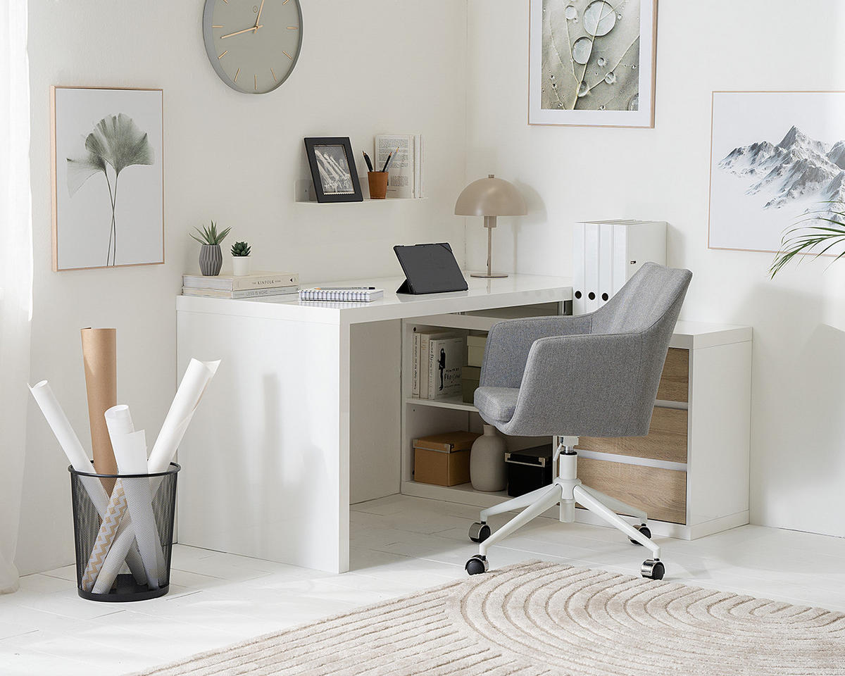 ECKSCHREIBTISCH - Weiß Hochglanz/Eichefarben, Holzwerkstoff (115/140/75cm) - home24