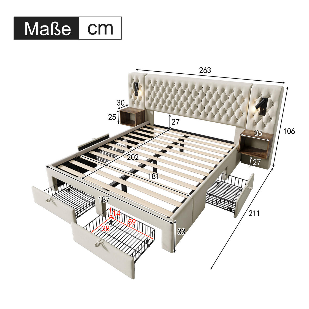 POLSTERBETT 180/200 cm Beige mit Stauraum und Leselampen aus Samt - Beige, Textil (180/200cm) - OKWISH