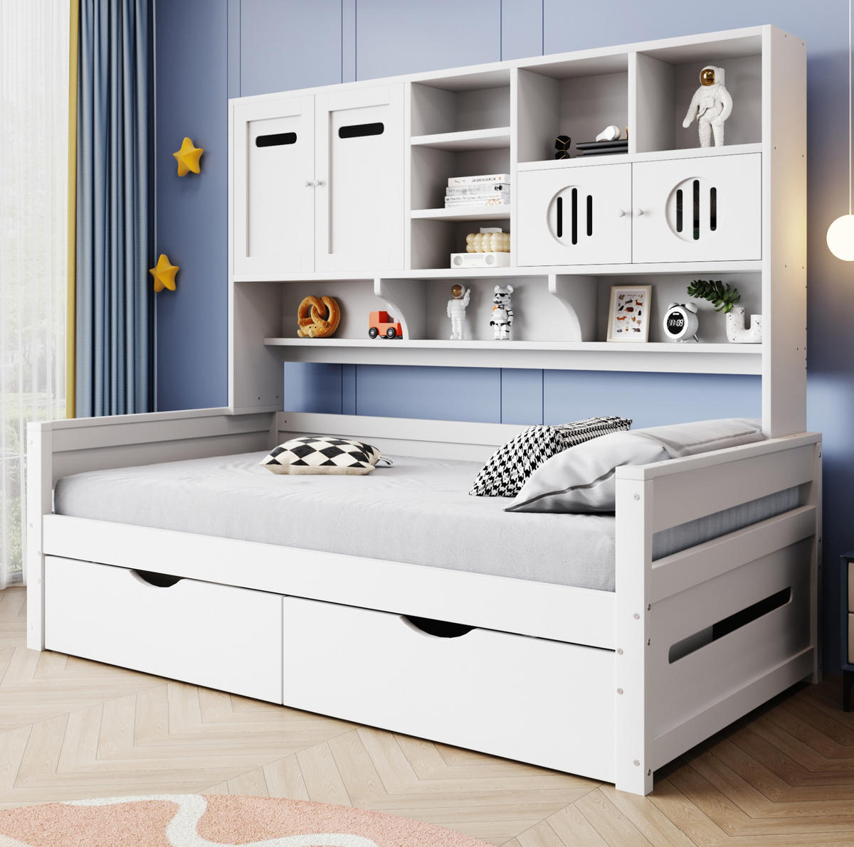 KREVET 90/200 cm s multifunkcionalnim spremištem, 2 velikim ladicama i letvičastim podnicama, Bijela - bijela, drvni materijal (90/200cm) - Redom