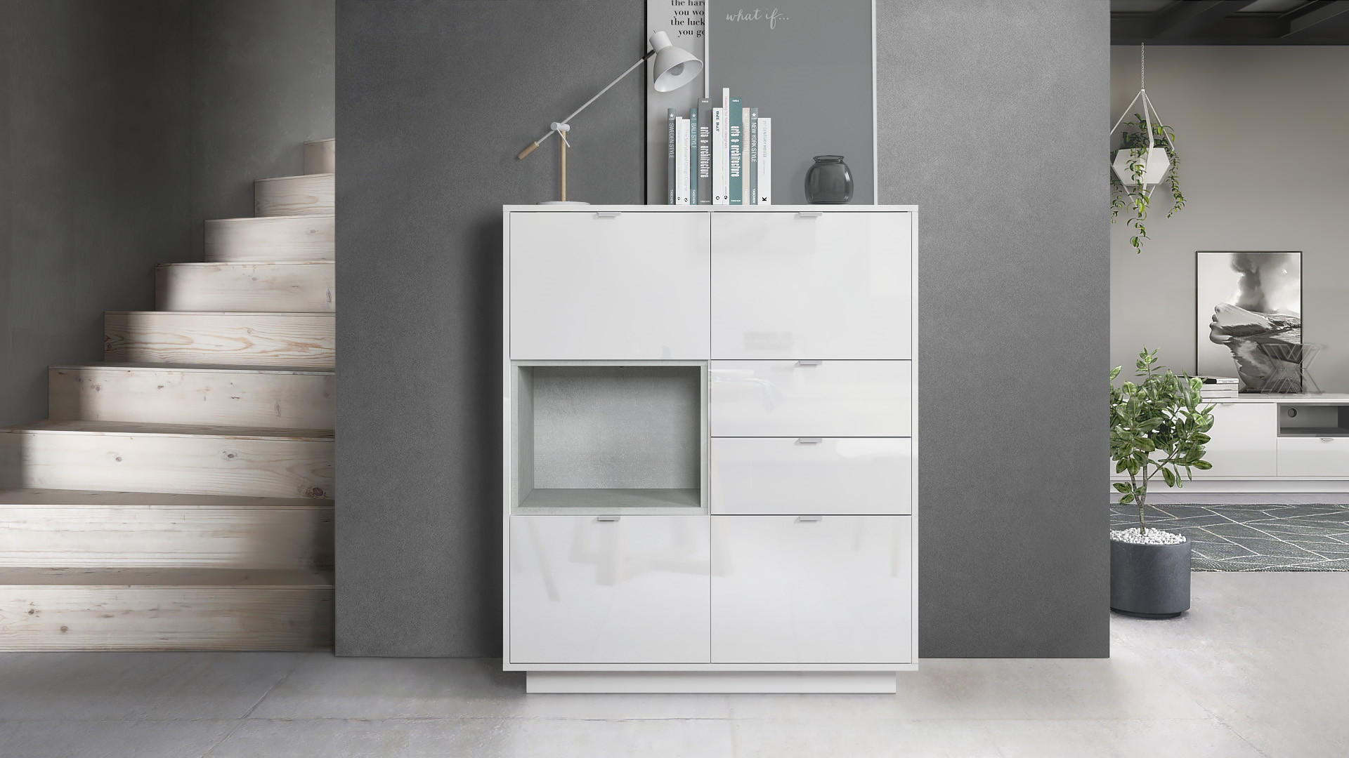 HIGHBOARD Metro Einsatz in Beton Oxid Optik - Hellgrau, Holzwerkstoff (103/123/38cm) - Vladon