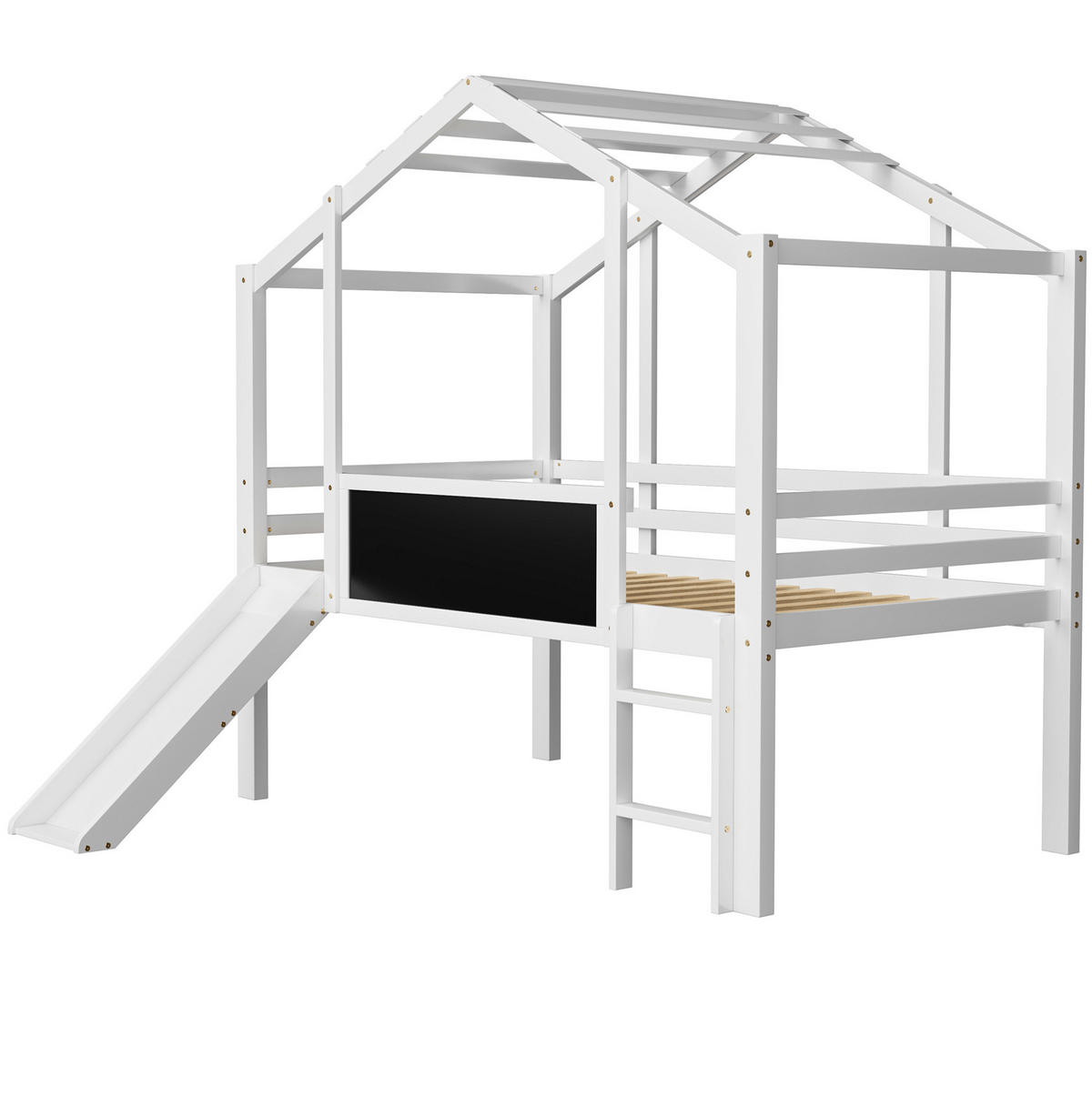 HAUSBETT 90/200 cm Weiß aus Massivholz mit Rutsche und Tafel - Weiß, Holz (90/200cm) - OKMYHOME