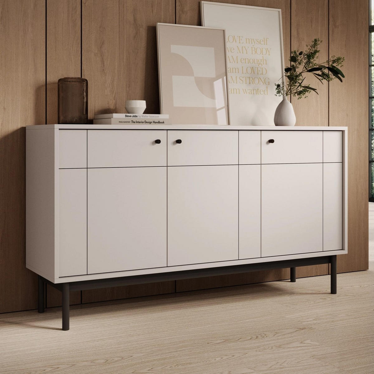 KOMMODE SORA K3D (Cashmere, Gefräste Front, Haefele Soft-Close, Holzfüße) - Kaschmir/Schwarz, Holz/Holzwerkstoff (154/83/39cm) - Ravio