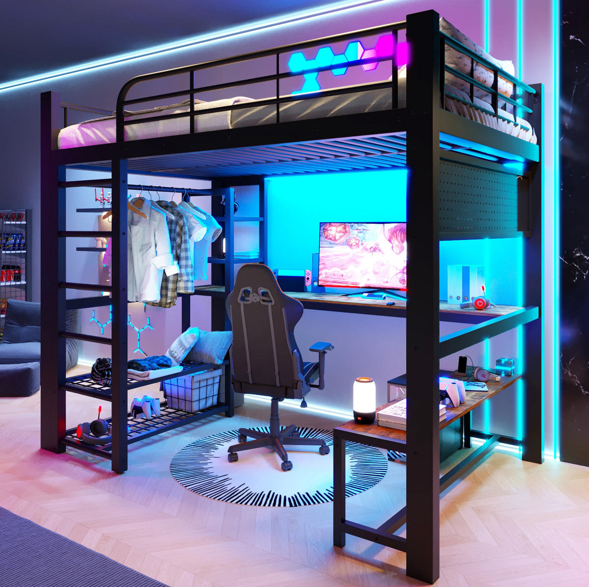 HOCHBETT 140/200 cm Schwarz mit LED und Schreibtisch ohne Matratze - Schwarz, Metall (140/200cm) - MIVRAY