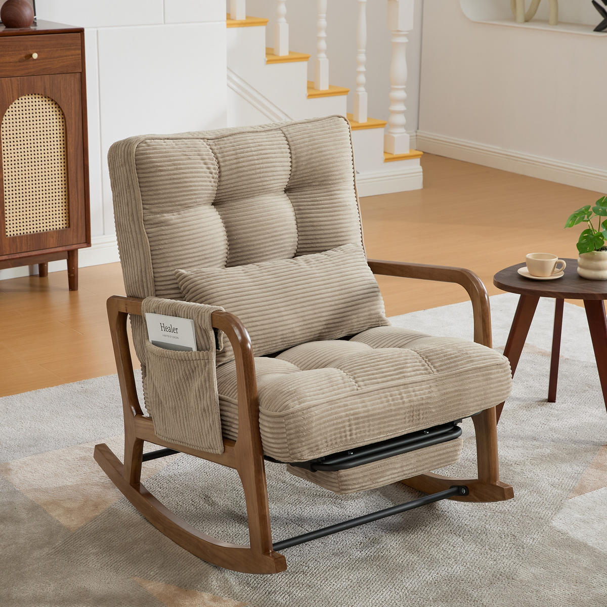 SCHAUKELSTUHL Khaki Cord mit Fußstütze, Seitentaschen und verstellbarer Lehne - Sandfarben, Textil (80/92/70cm) - Oxeza