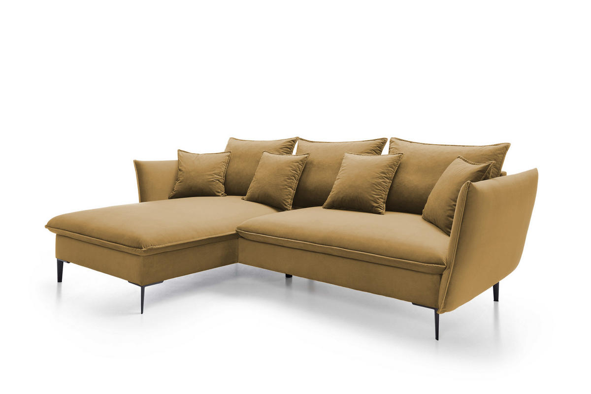 ECKSOFA GLOSS mit Schlaffunktion, Ottomane & goldenen Füßen – Samtsofa im GLOSSour-Stil mit Zierkissen, 258x167x91cm, Linke, LILA - Bordeaux, Holz/Textil (167/258cm) - DomoHome