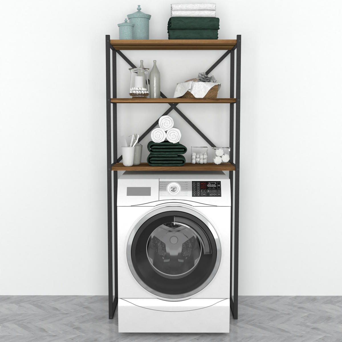 BADEZIMMERREGAL Askersund - Walnussfarben, Holzwerkstoff/Metall (66/160/34cm) - [en.casa]