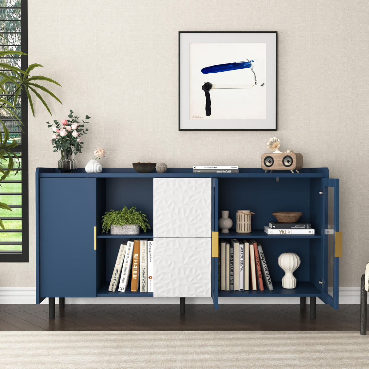 SIDEBOARD 150/40/80 cm blau aus MDF mit Glastüren, Schubladen und offenen Fächern - Blau, Holzwerkstoff (150/80/40cm) - OKWISH