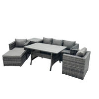 LOUNGEGARNITUR mit Fußschemel Polyrattan Dunkelgrau 6-Sitzer - Dunkelgrau/Grau, Glas/Kunststoff - Fimous