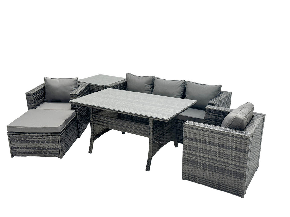 LOUNGEGARNITUR mit Fußschemel Polyrattan Dunkelgrau 6-Sitzer - Dunkelgrau/Grau, Glas/Kunststoff - Fimous