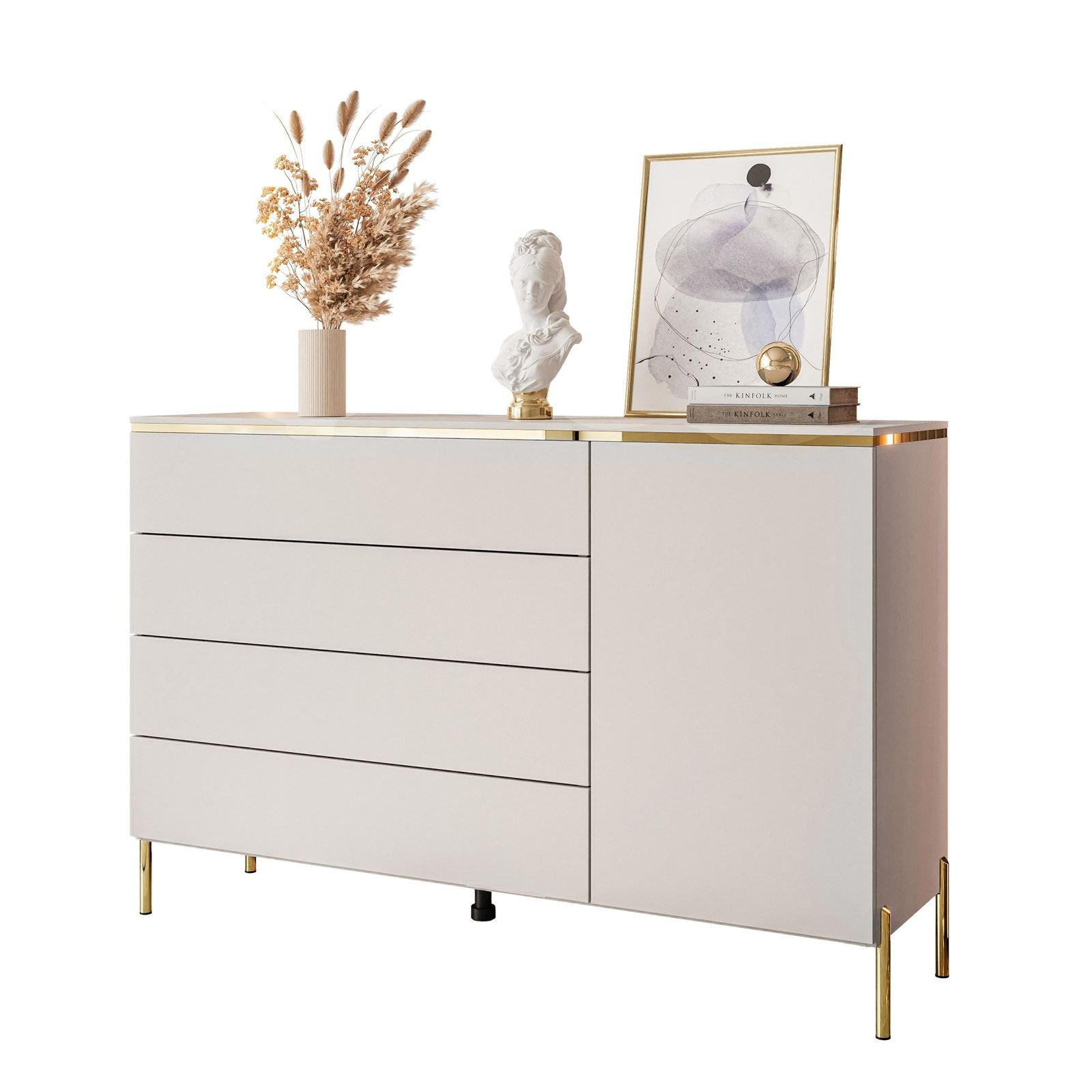 KOMMODE AURORA 4S1D Kaschmir mit gerade Goldchrom Fuße - Kaschmir/Goldfarben, Holzwerkstoff/Metall (140/91/40cm) - Lookway
