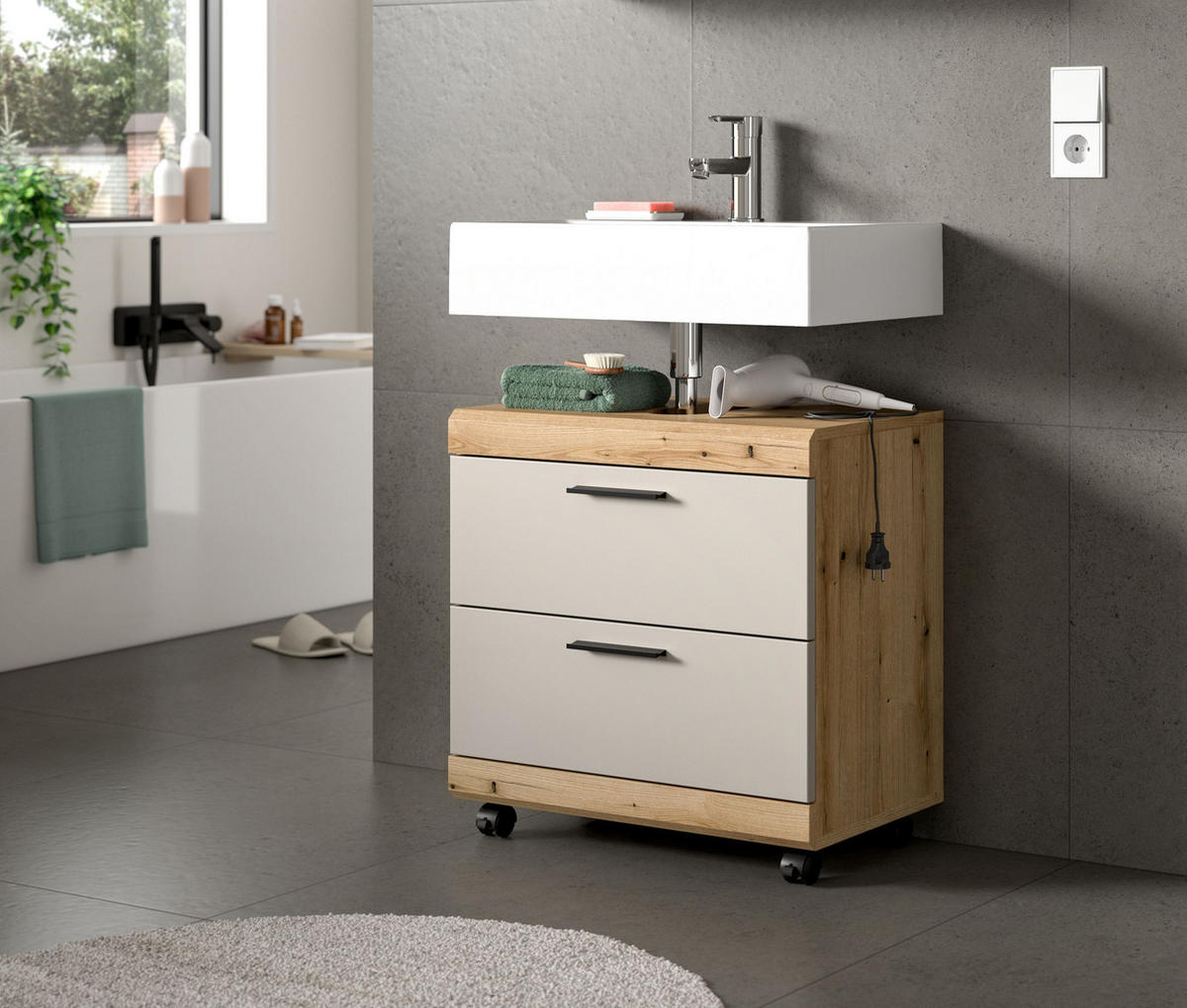 WASCHBECKENUNTERSCHRANK auf Rollen SCOUT (B/H/T: ca. 60/60/34 cm) in Evoke Oak Nachbildung/Kaschmir matt - Eichefarben, Holzwerkstoff (60/60/34cm)