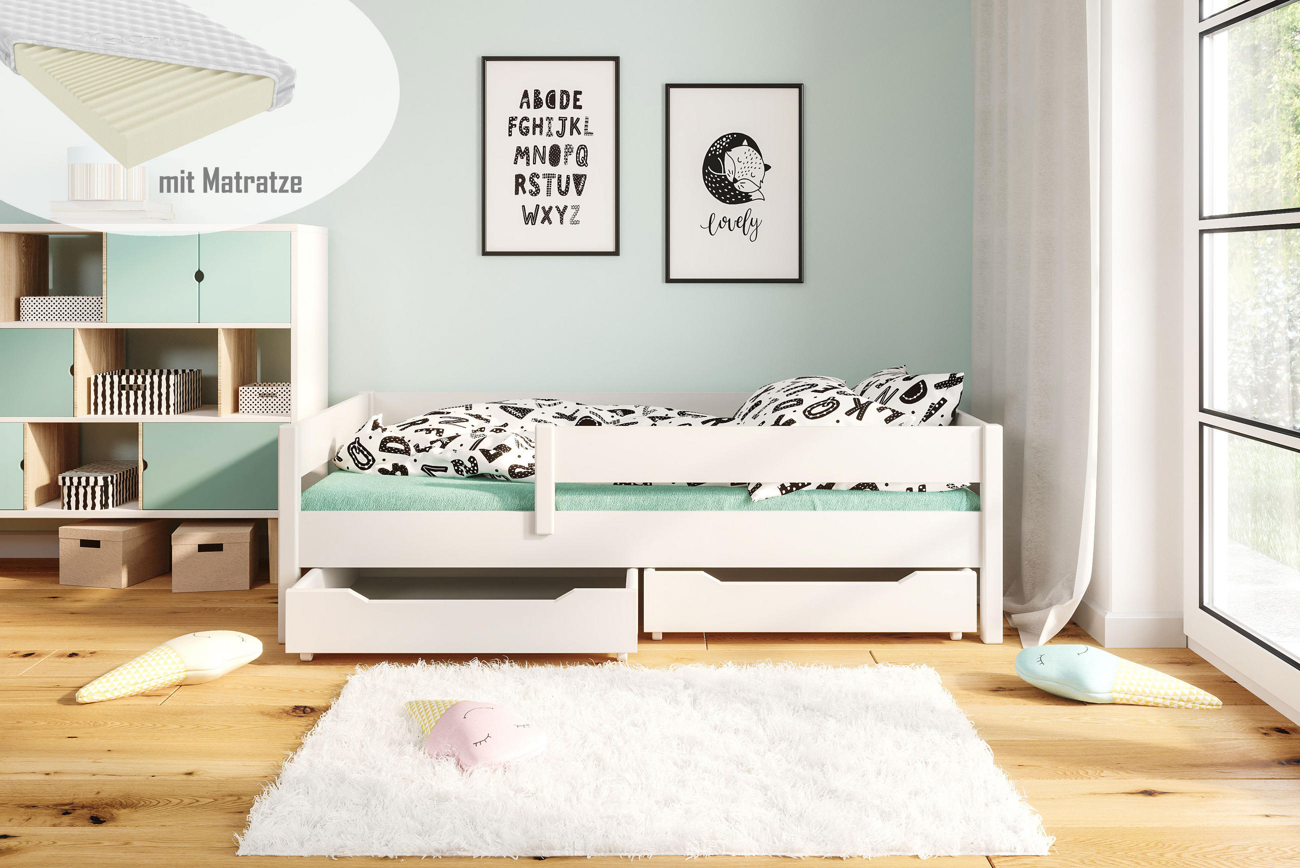 KINDERBETT Mix 140x70 weiß mit Schubladen und Matratze - Weiß, Holzwerkstoff (70/140cm) - LUKDOM