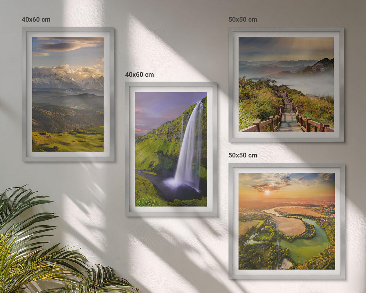 BILDER SET 4er Set - 50x50 cm & 40x60 cm Silberner Rahmen - Ausblicke auf Berge, Flüsse und Wasserfälle - Silberfarben, Kunststoff (50/50cm) - TULUP