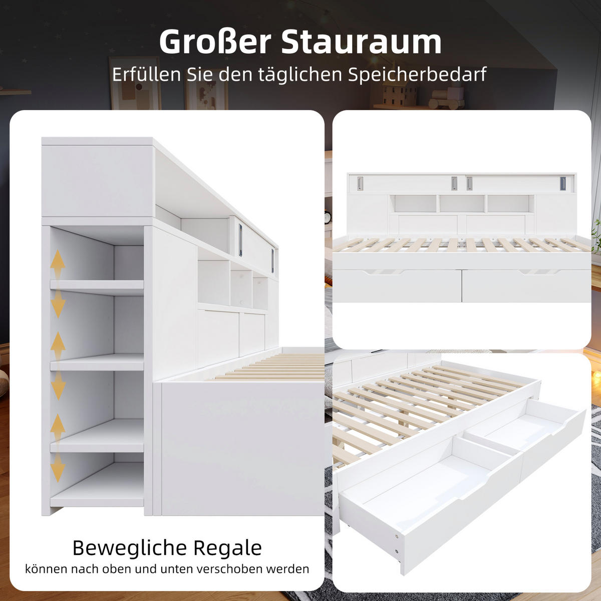 KINDERBETT 90/190 cm mit 2 Schubladen, Schrank, Regalen und Lattenrost aus MDF, Weiß - Weiß, Holzwerkstoff (90/190cm) - Redom
