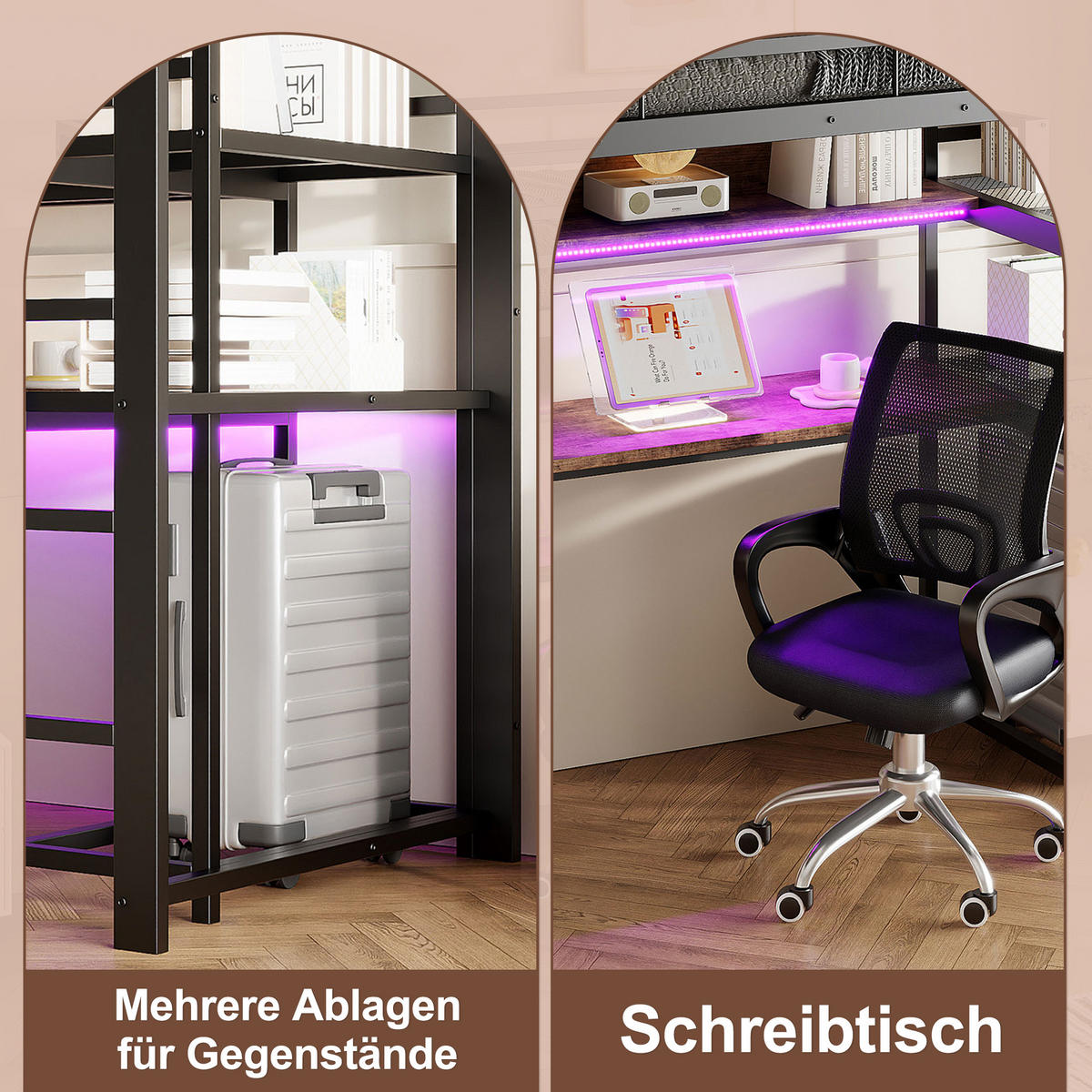 HOCHBETT 90/200 cm in Schwarz mit Schreibtisch, 1 Schublade, Regal und LED - Schwarz, Holzwerkstoff/Metall (90/200cm) - STILVORA