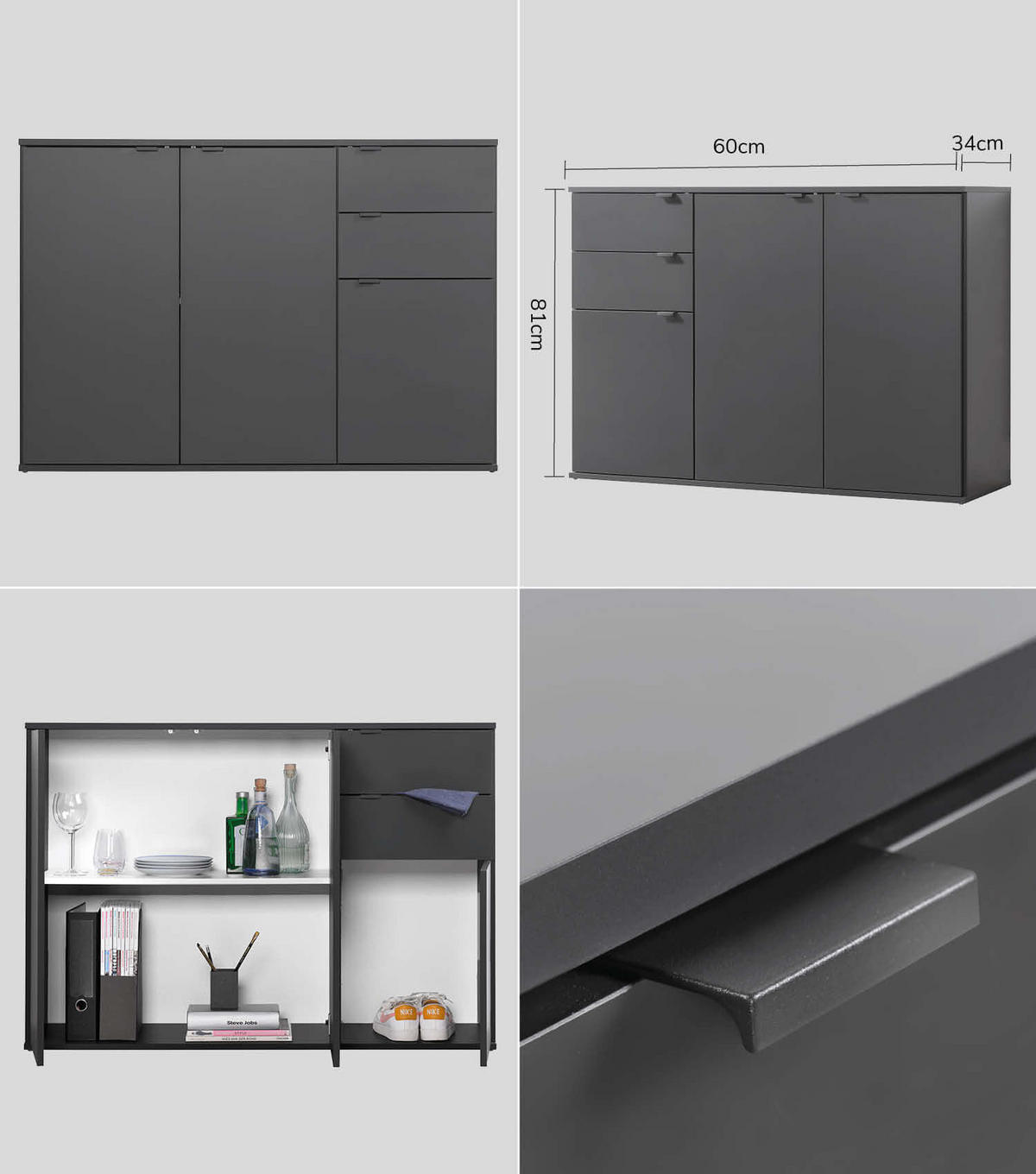 MEHRZWECKSCHRANK SET Der Allzweckwaffe - Anthrazit/Schwarz, Holzwerkstoff (117/110/34cm) - Mokebo