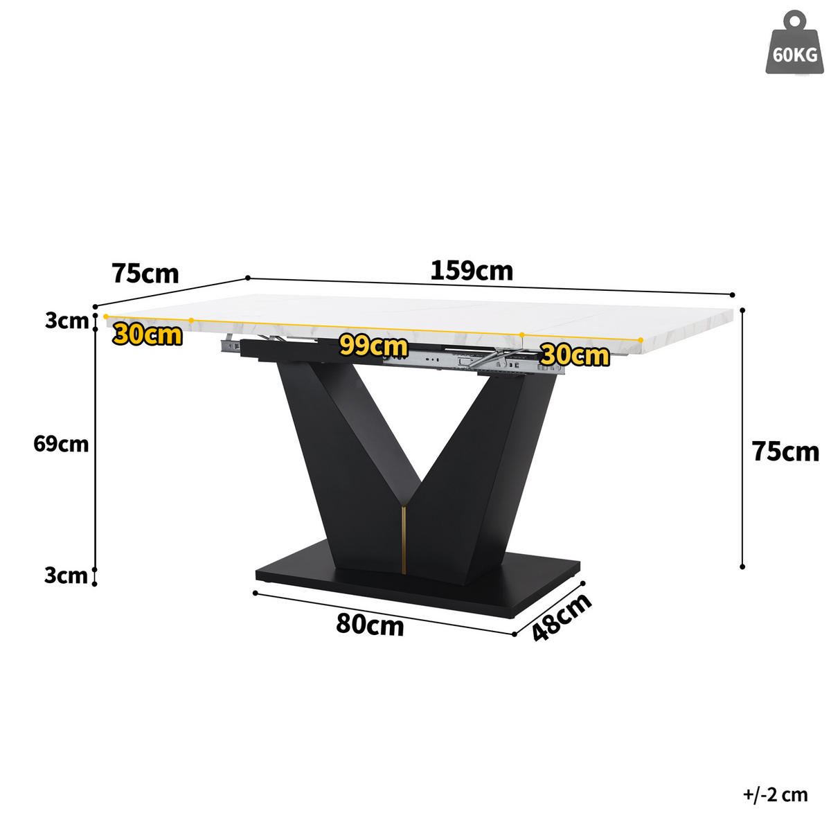 ESSTISCH 99-159/75/75 cm ausziehbar mit Marmordekor und V-förmigen Metallbeinen, Weiß/Schwarz - Weiß, Holzwerkstoff (99/75/75cm) - Redom