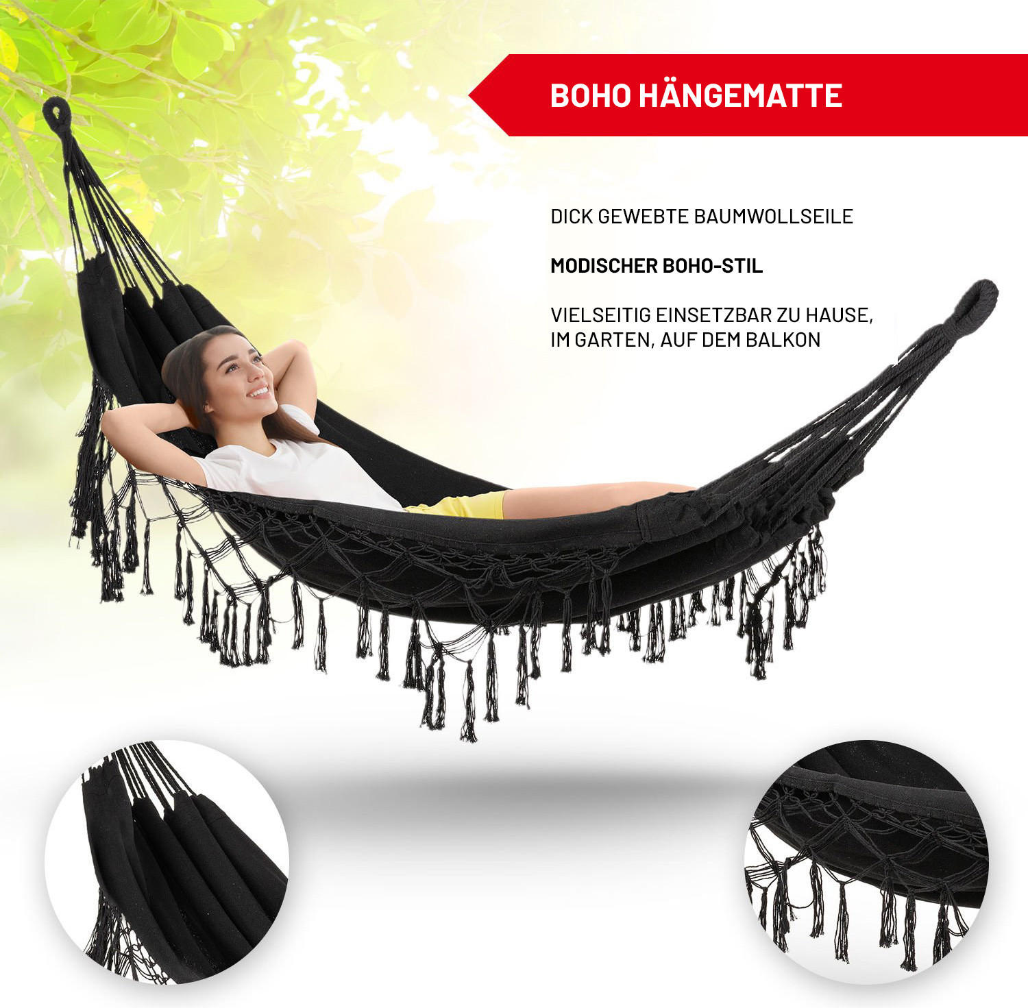 HÄNGEMATTE 200/150 cm, bis 200 kg - Schwarz, Textil (150/1/200cm) - Outtec