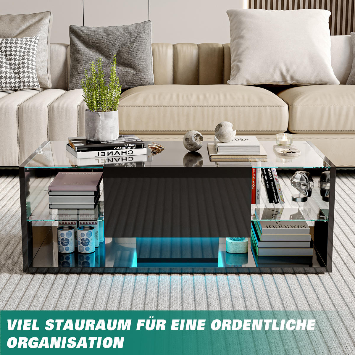 COUCHTISCH mit LED, Hochglanz Wohnzimmertisch, Schwarz 100x50x35 cm - Schwarz, Holz (50/100/35cm)