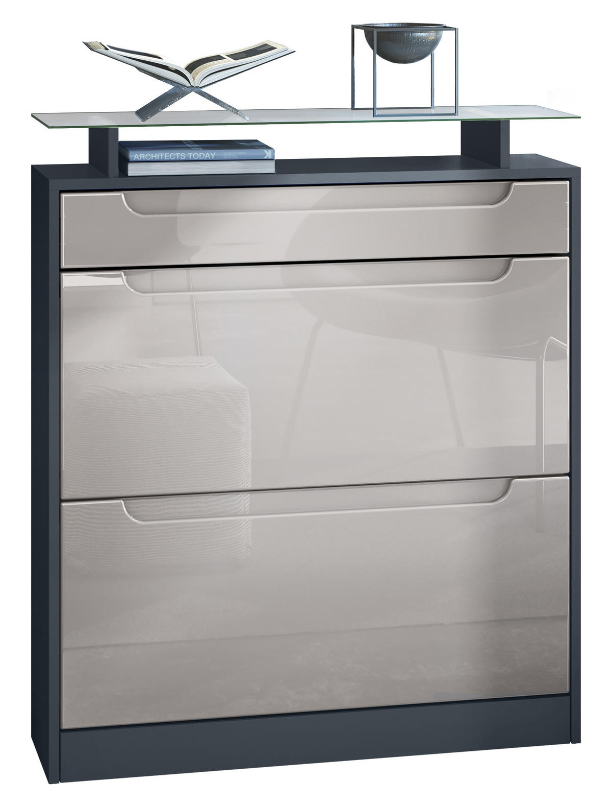 SCHUHSCHRANK Fiesta Fronten in Sandgrau Hochglanz, Griffmulden in Sandgrau Hochglanz - Sandfarben, Holzwerkstoff (89/104/23cm) - Vladon